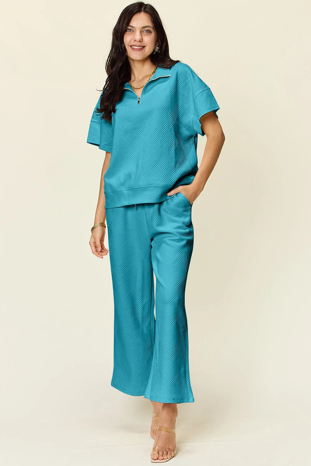 Double Take Full Size Texture Half Zip Short Sleeve Top and Pants Set - Codrington Expressions