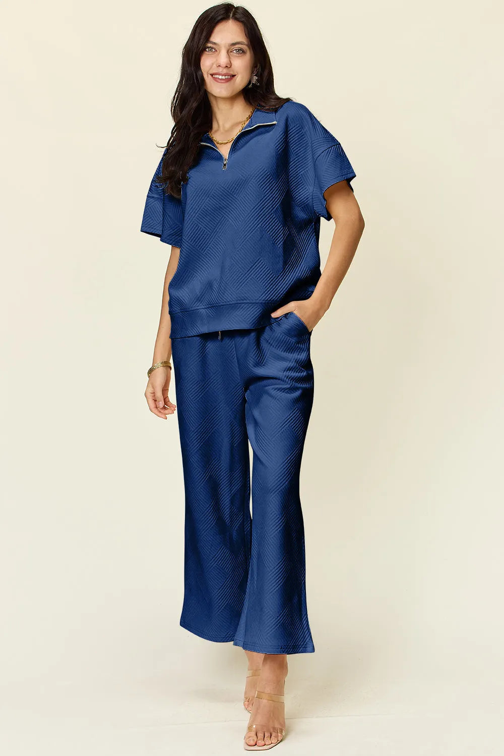 Double Take Full Size Texture Half Zip Short Sleeve Top and Pants Set - Codrington Expressions