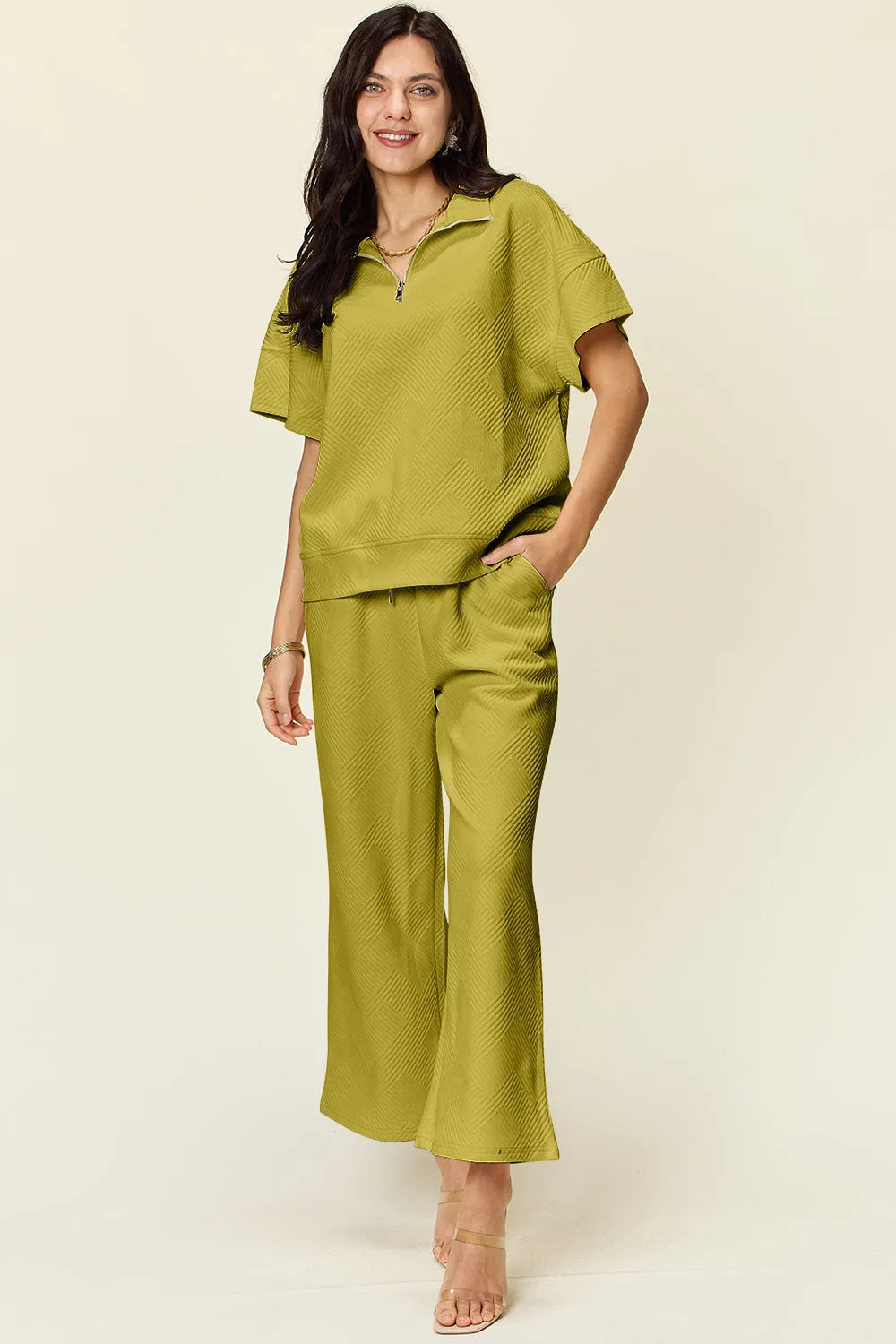 Double Take Full Size Texture Half Zip Short Sleeve Top and Pants Set - Codrington Expressions