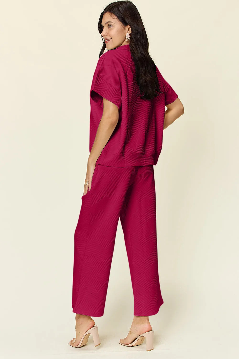 Double Take Full Size Texture Half Zip Short Sleeve Top and Pants Set - Codrington Expressions