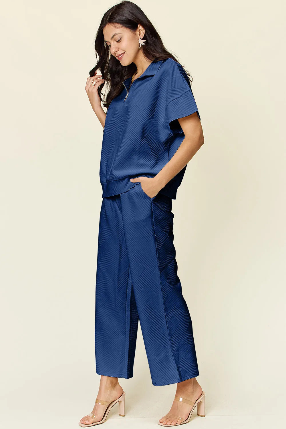 Double Take Full Size Texture Half Zip Short Sleeve Top and Pants Set - Codrington Expressions