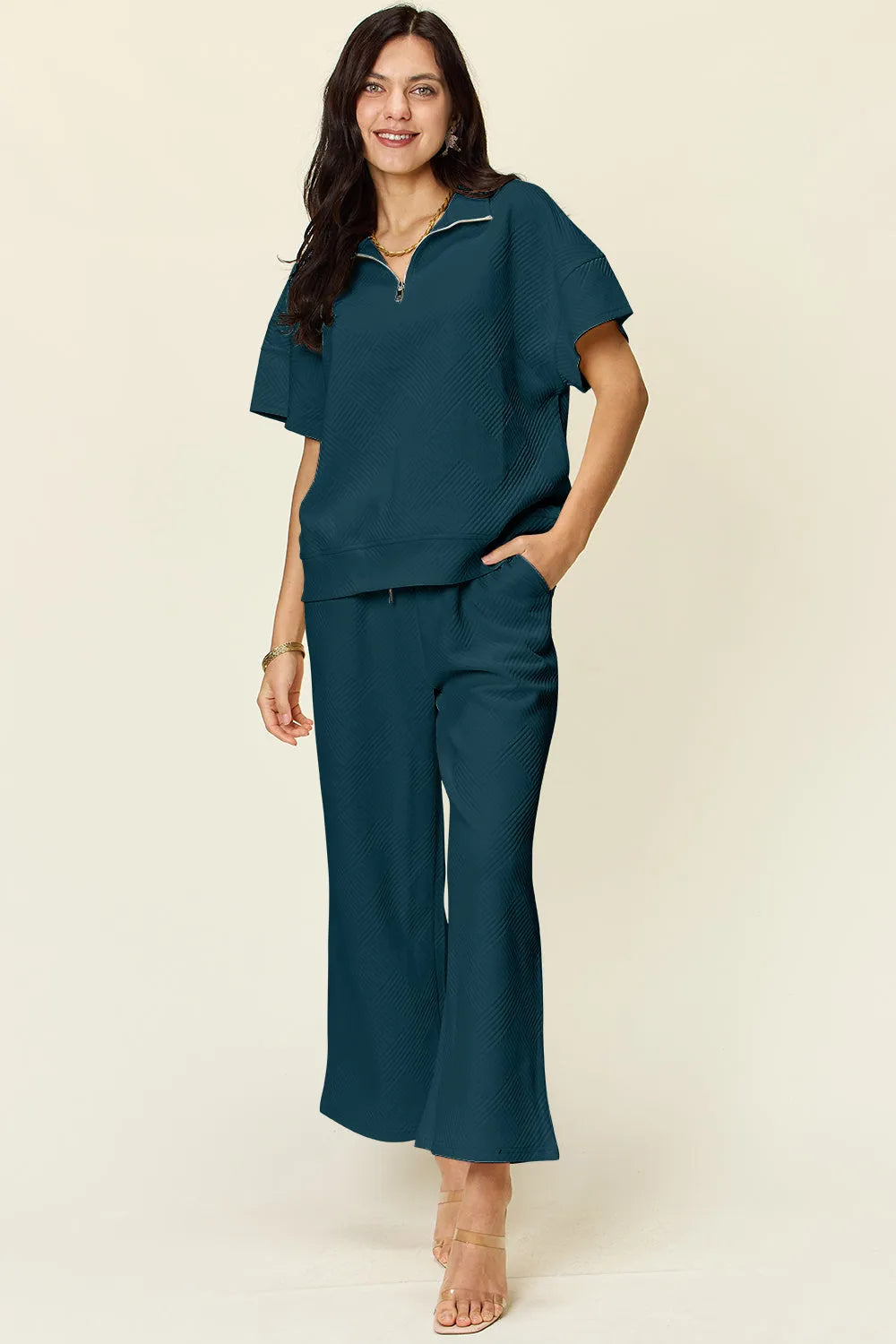 Double Take Full Size Texture Half Zip Short Sleeve Top and Pants Set - Codrington Expressions