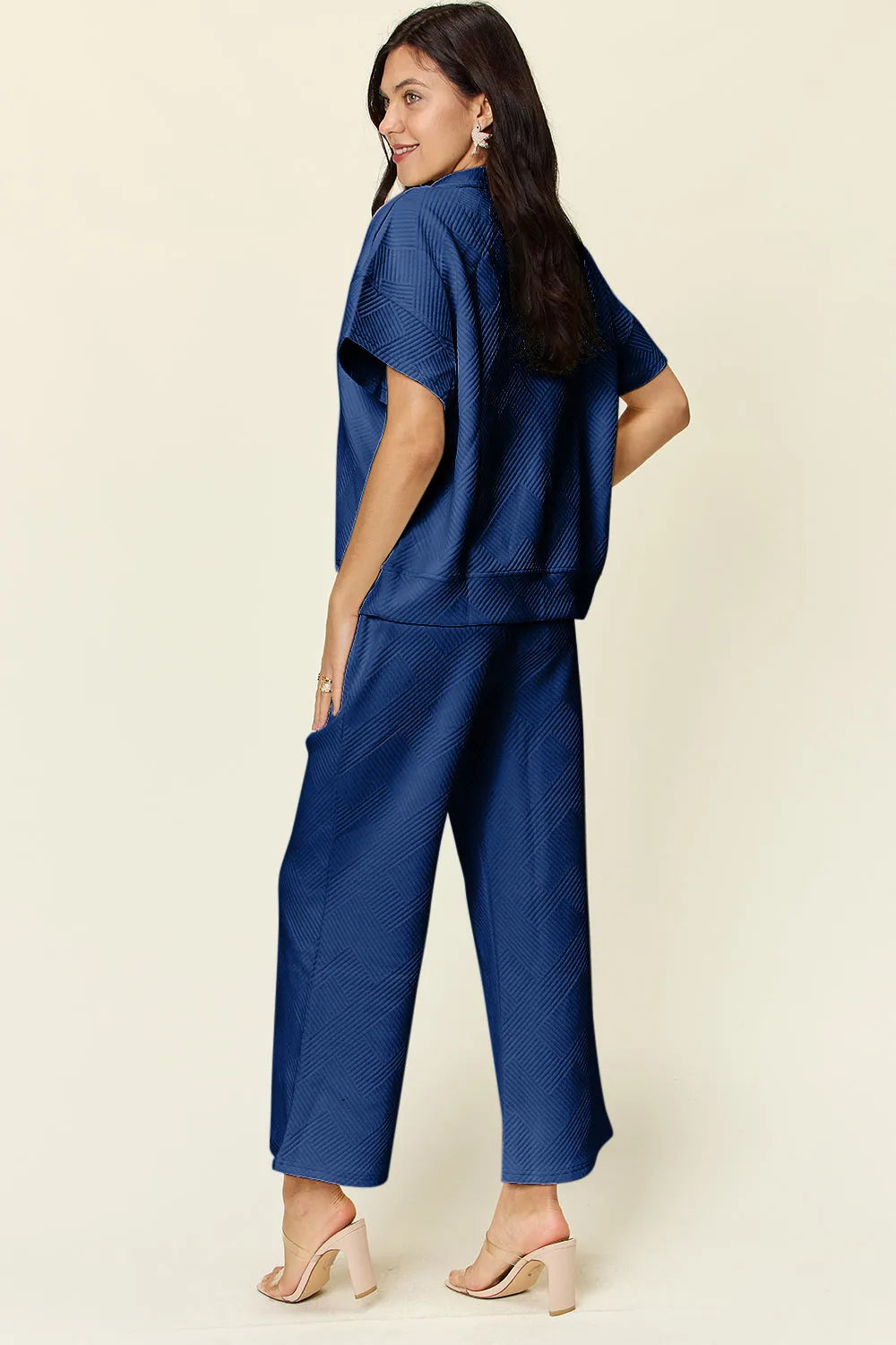 Double Take Full Size Texture Half Zip Short Sleeve Top and Pants Set - Codrington Expressions