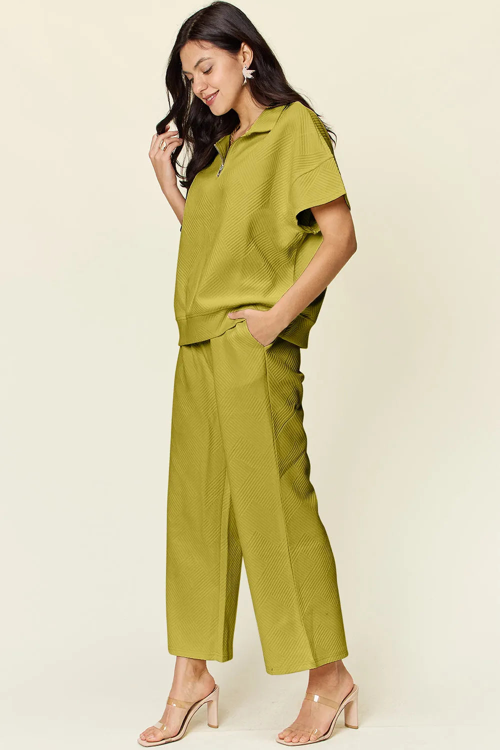 Double Take Full Size Texture Half Zip Short Sleeve Top and Pants Set - Codrington Expressions