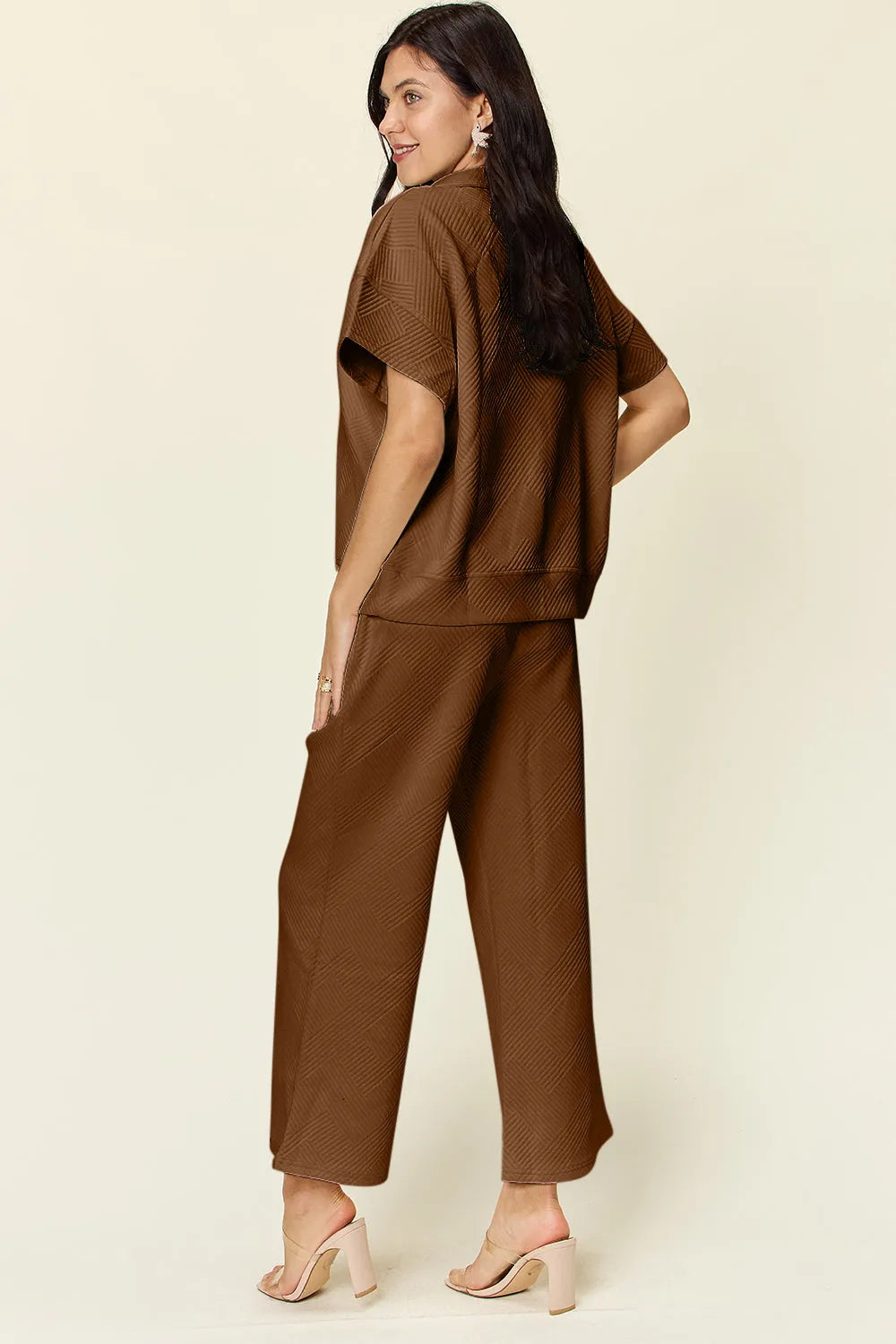 Double Take Full Size Texture Half Zip Short Sleeve Top and Pants Set - Codrington Expressions