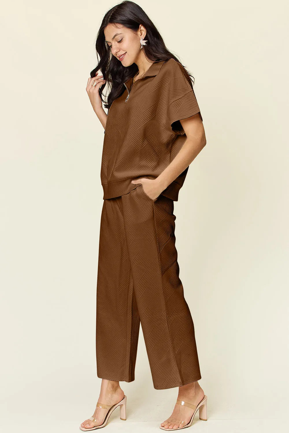 Double Take Full Size Texture Half Zip Short Sleeve Top and Pants Set - Codrington Expressions