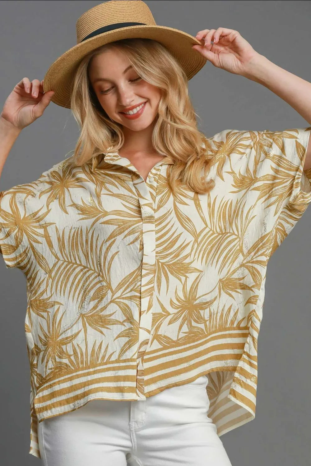 Umgee Full Size Tropical Print Button Down Shirt Plus Size - Codrington Expressions