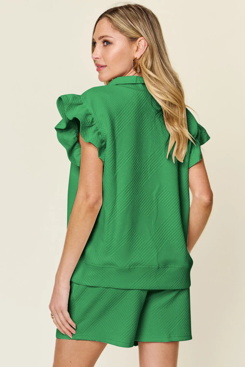 Double Take Full Size Texture Flounce Sleeve Top and Drawstring Shorts Set - Codrington Expressions