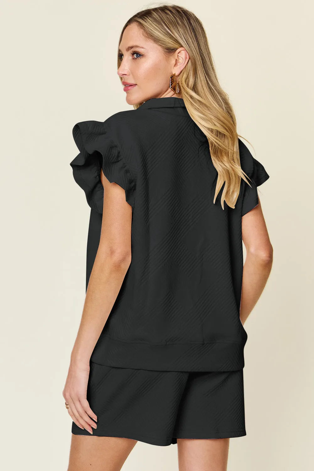 Double Take Full Size Texture Flounce Sleeve Top and Drawstring Shorts Set - Codrington Expressions