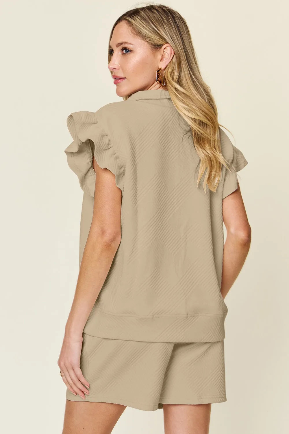Double Take Full Size Texture Flounce Sleeve Top and Drawstring Shorts Set - Codrington Expressions