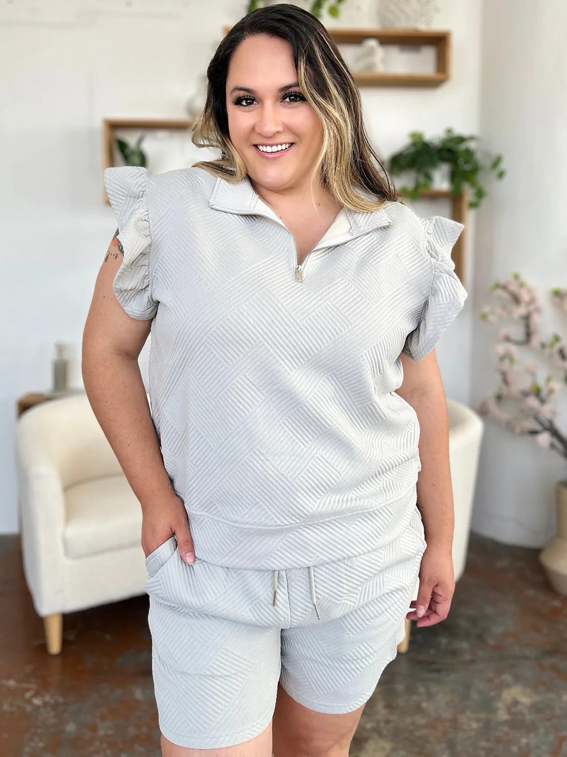 Double Take Full Size Texture Flounce Sleeve Top and Drawstring Shorts Set - Codrington Expressions