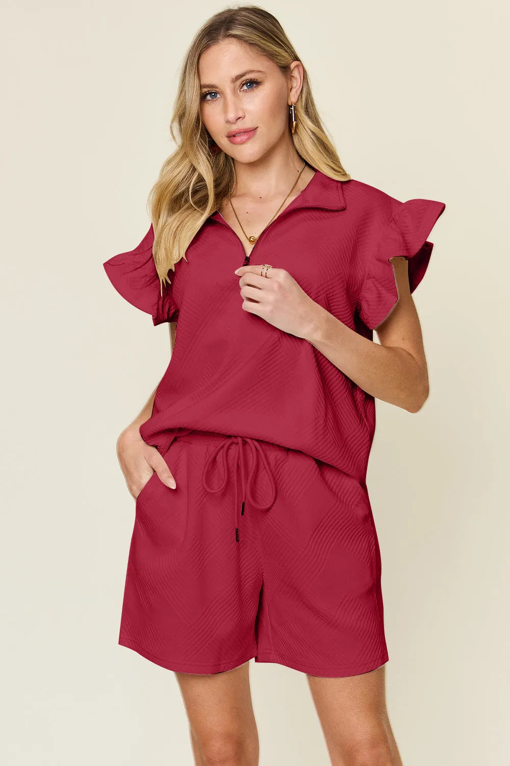 Double Take Full Size Texture Flounce Sleeve Top and Drawstring Shorts Set - Codrington Expressions
