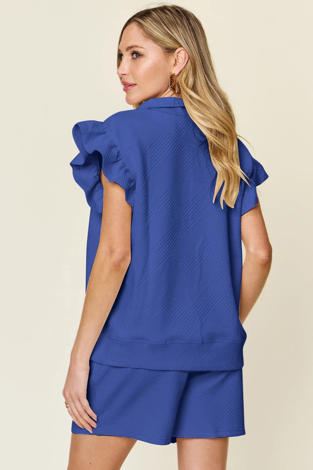 Double Take Full Size Texture Flounce Sleeve Top and Drawstring Shorts Set - Codrington Expressions
