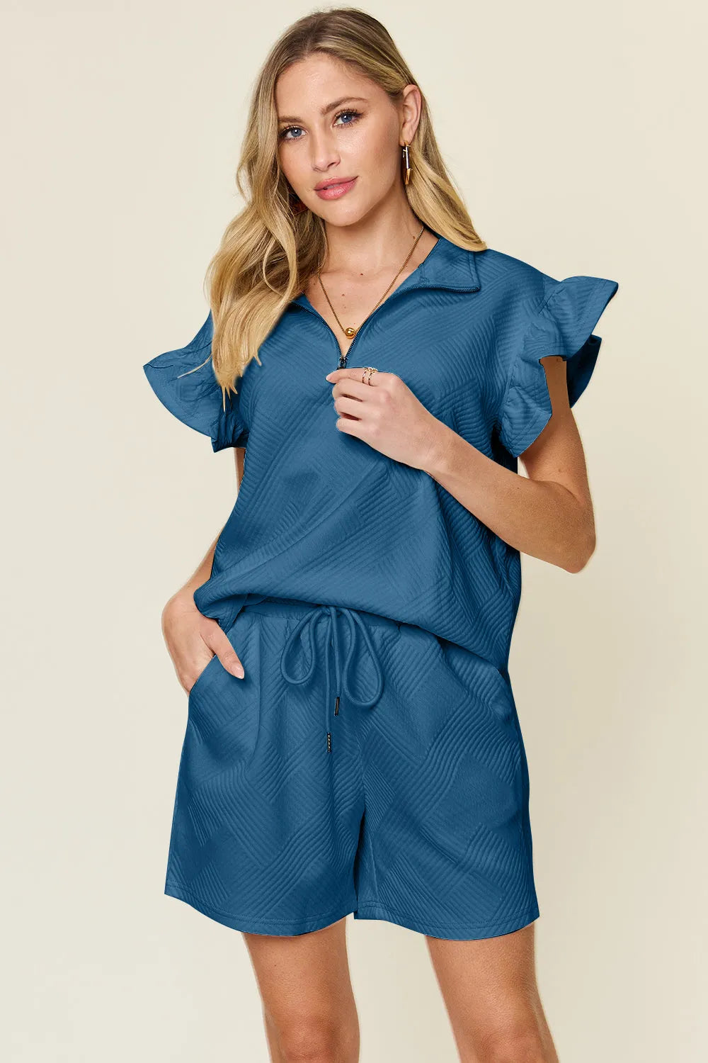 Double Take Full Size Texture Flounce Sleeve Top and Drawstring Shorts Set - Codrington Expressions
