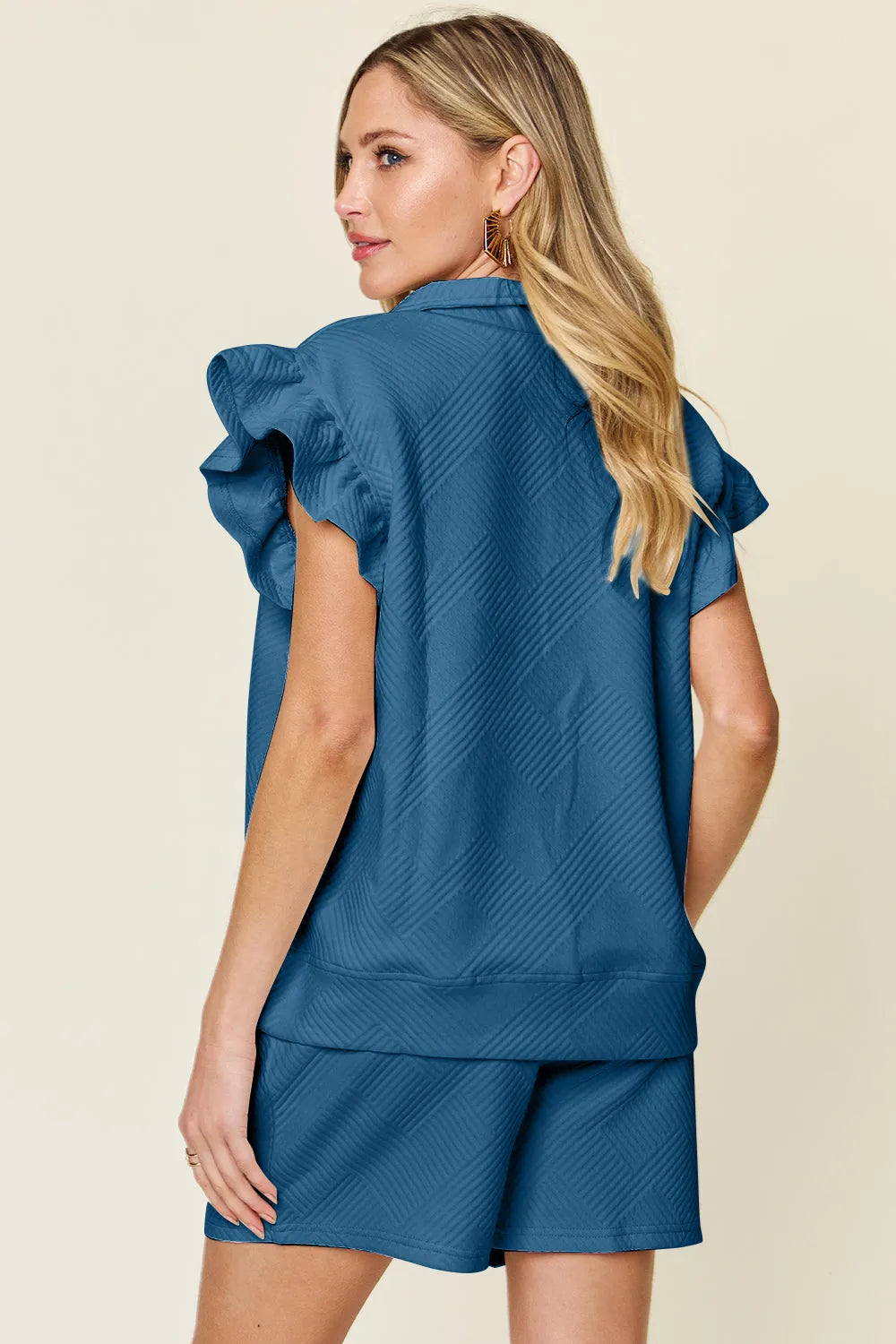 Double Take Full Size Texture Flounce Sleeve Top and Drawstring Shorts Set - Codrington Expressions