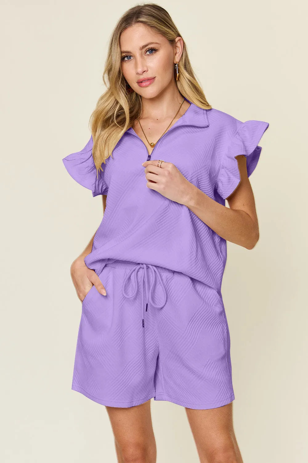 Double Take Full Size Texture Flounce Sleeve Top and Drawstring Shorts Set - Codrington Expressions