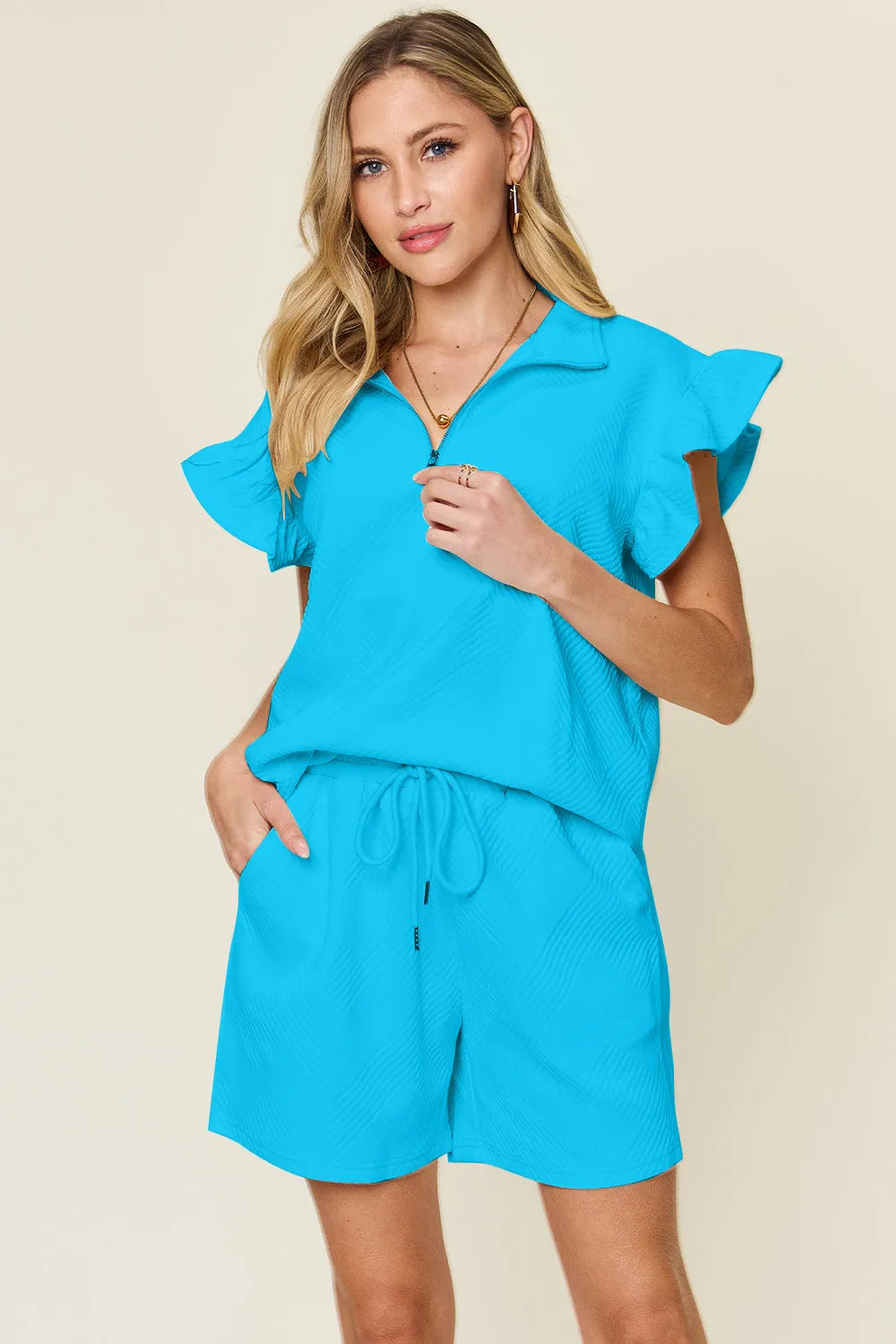 Double Take Full Size Texture Flounce Sleeve Top and Drawstring Shorts Set - Codrington Expressions