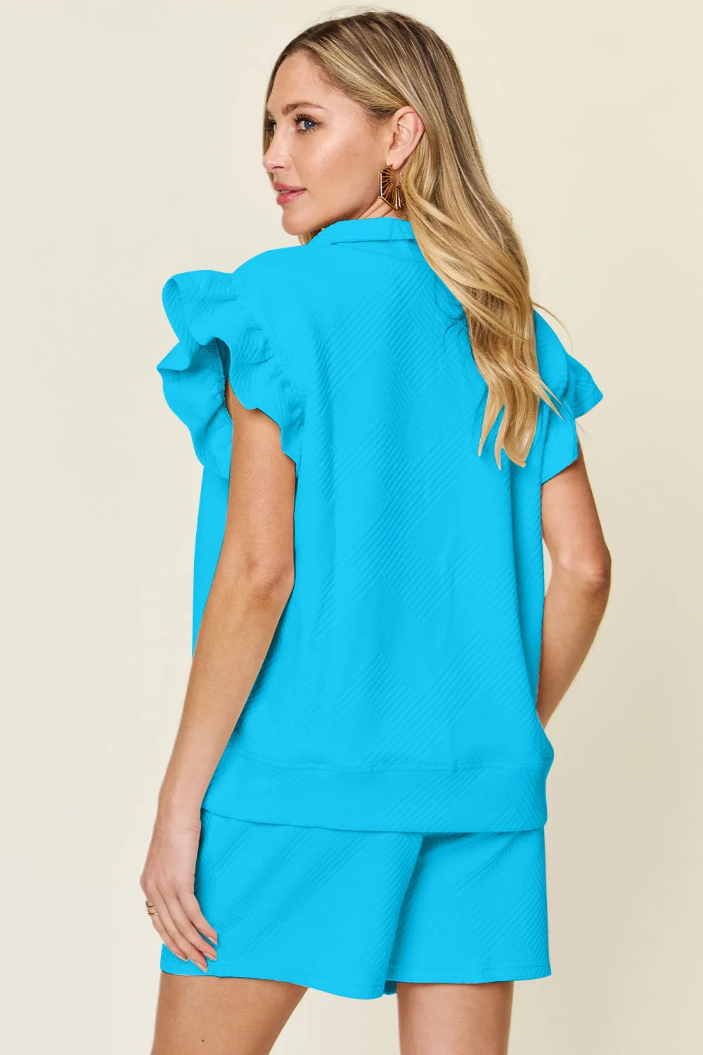 Double Take Full Size Texture Flounce Sleeve Top and Drawstring Shorts Set - Codrington Expressions