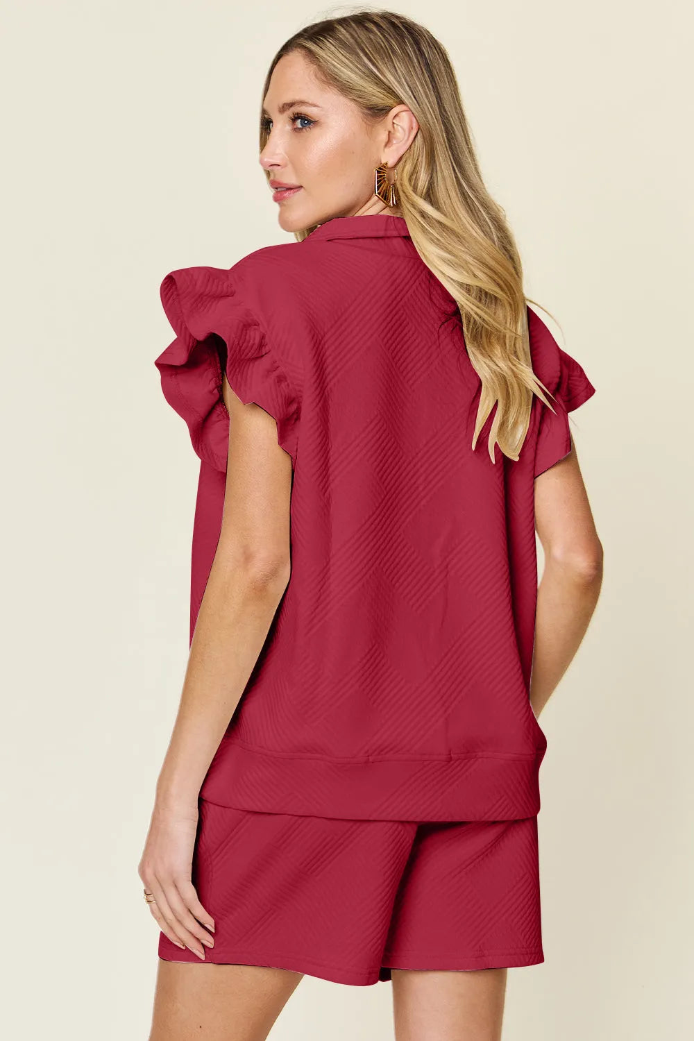 Double Take Full Size Texture Flounce Sleeve Top and Drawstring Shorts Set - Codrington Expressions