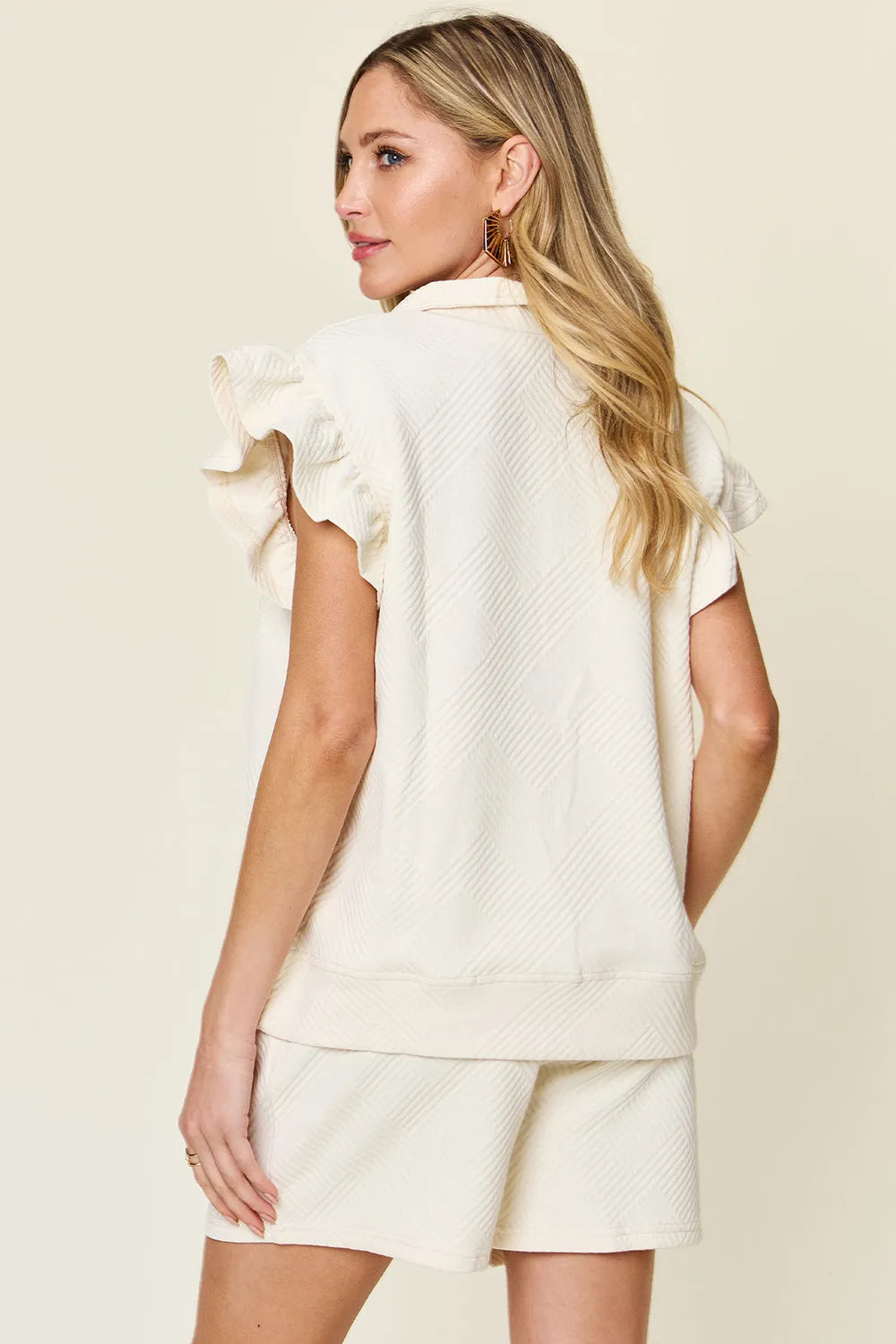 Double Take Full Size Texture Flounce Sleeve Top and Drawstring Shorts Set - Codrington Expressions