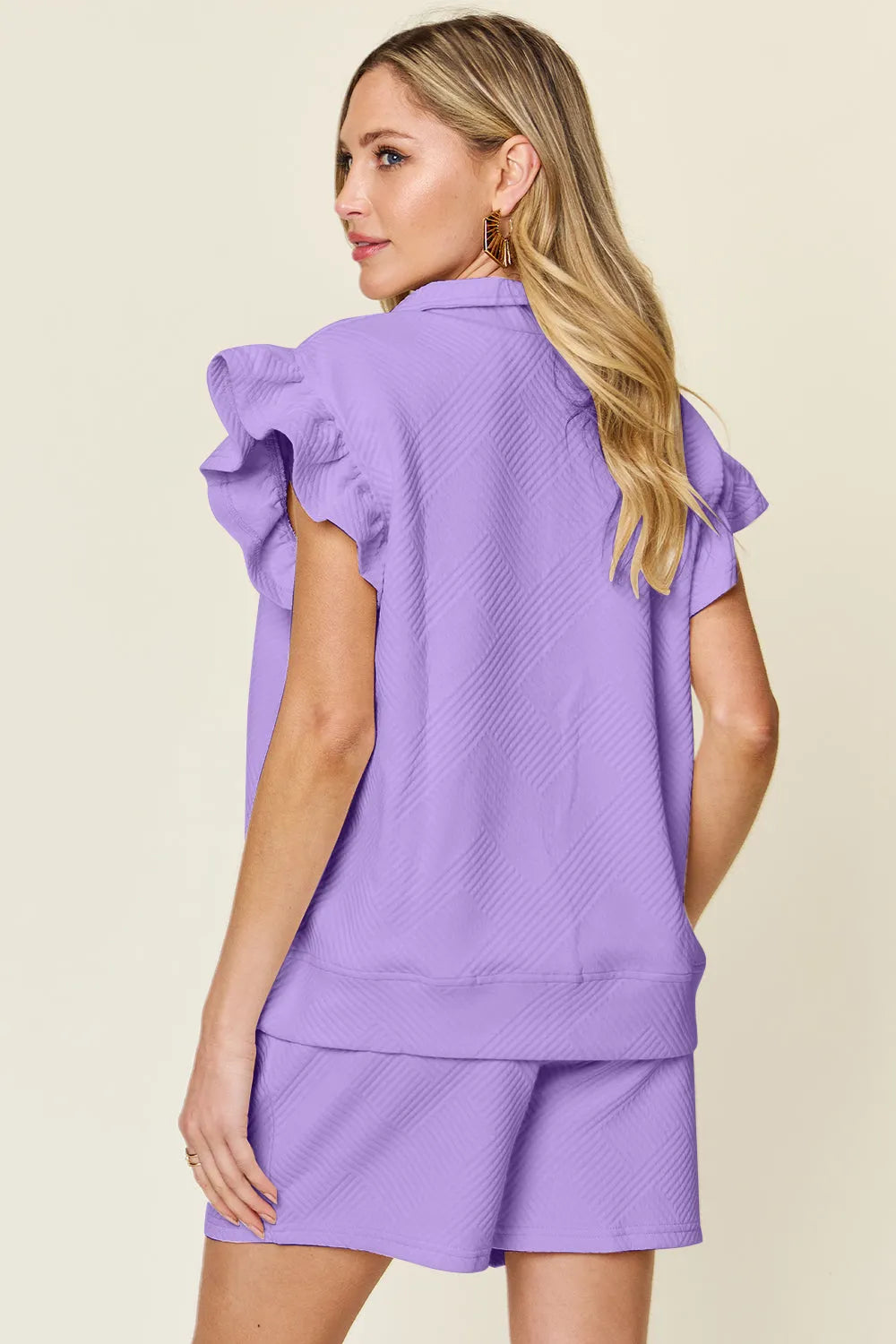 Double Take Full Size Texture Flounce Sleeve Top and Drawstring Shorts Set - Codrington Expressions
