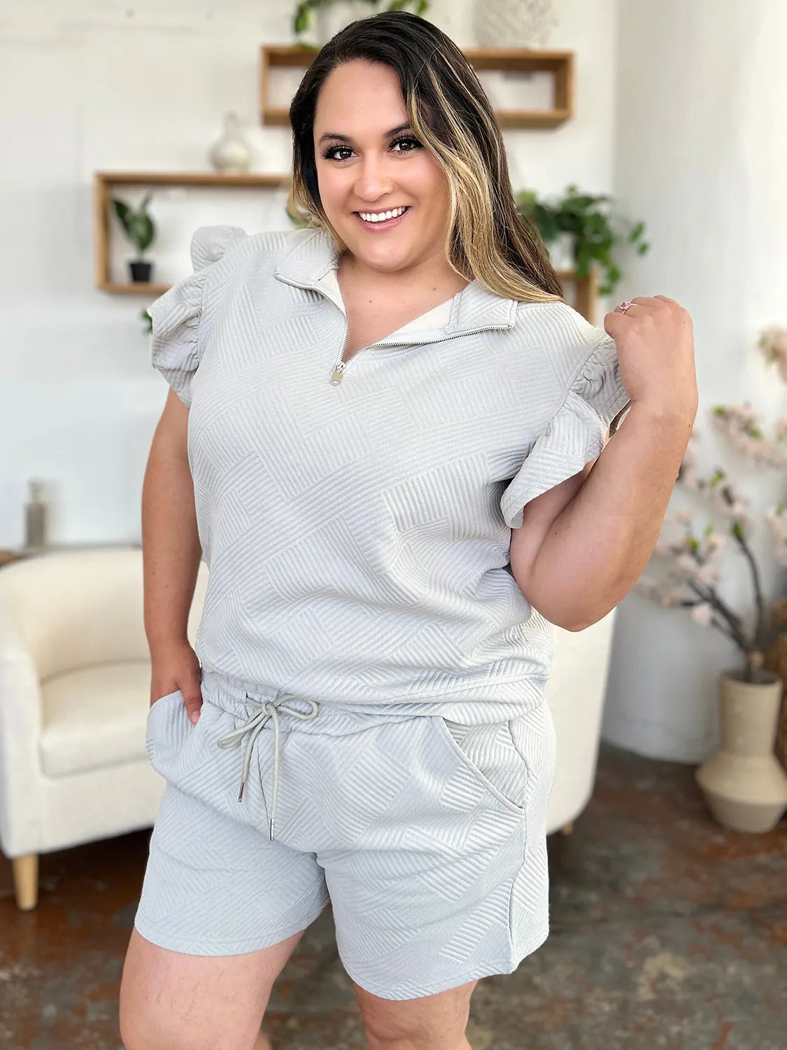 Double Take Full Size Texture Flounce Sleeve Top and Drawstring Shorts Set - Codrington Expressions