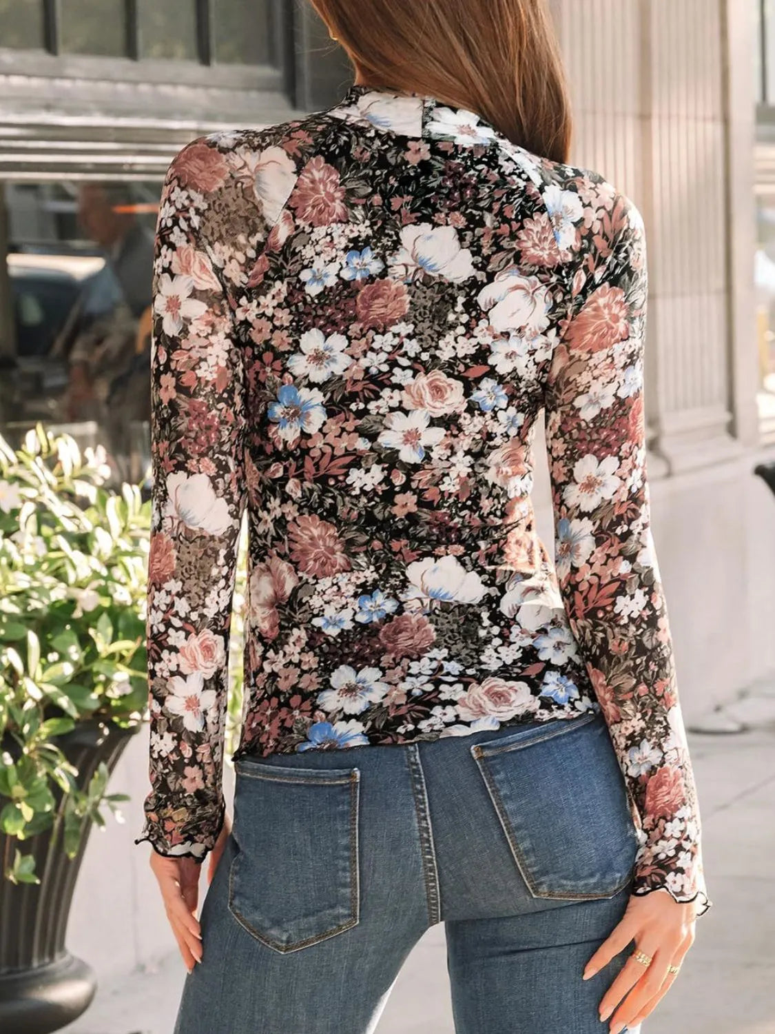 Floral Mock Neck Long Sleeve T-Shirt - Codrington Expressions