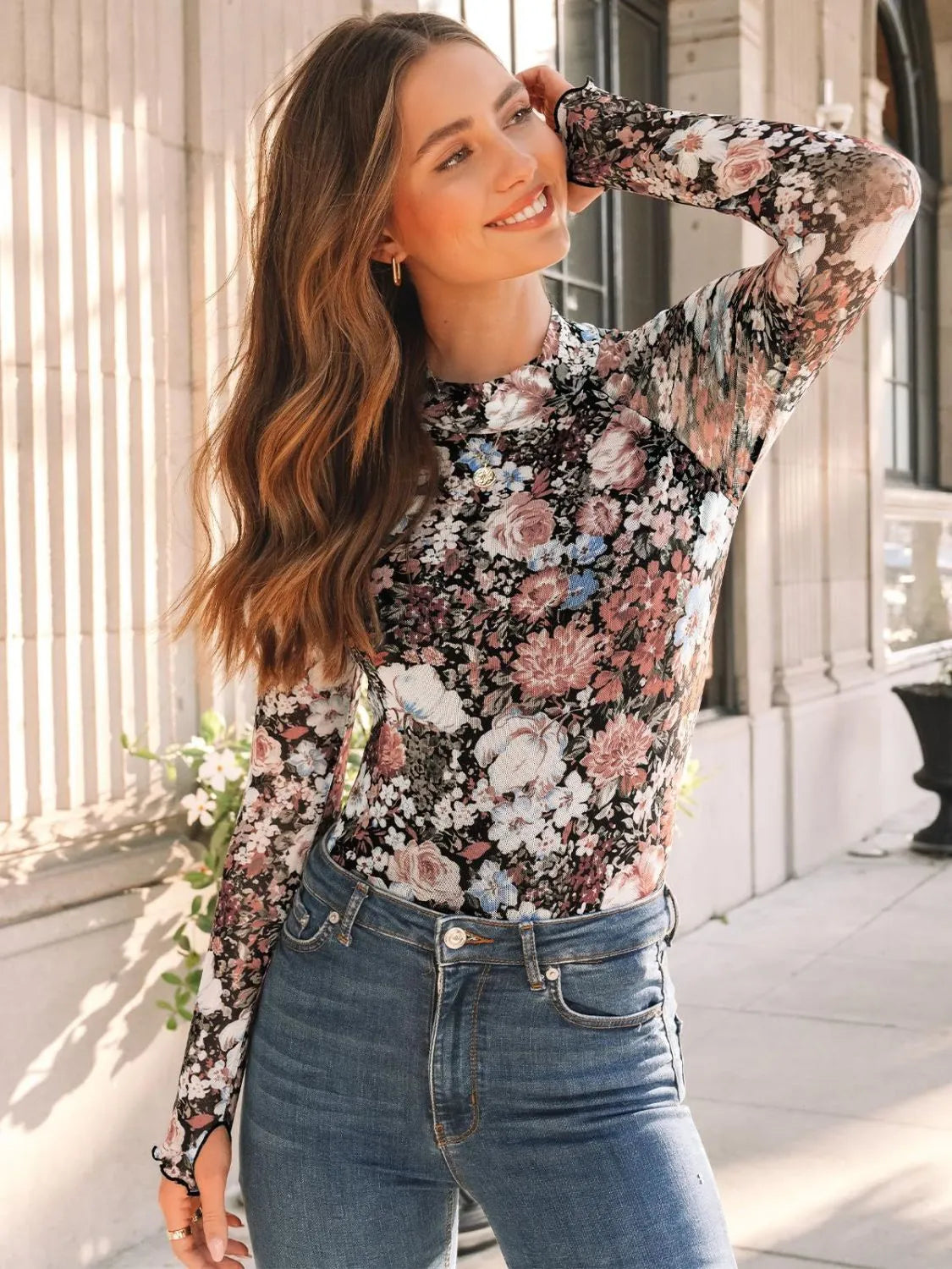 Floral Mock Neck Long Sleeve T-Shirt - Codrington Expressions