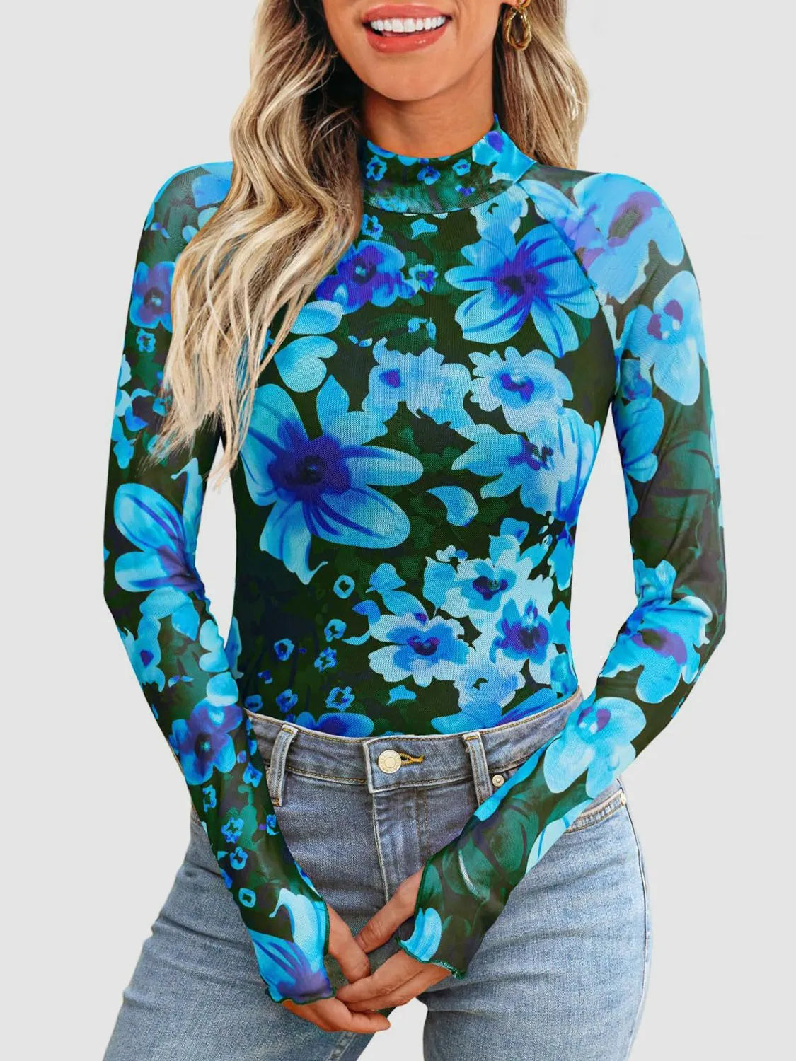Floral Mock Neck Long Sleeve T-Shirt - Codrington Expressions