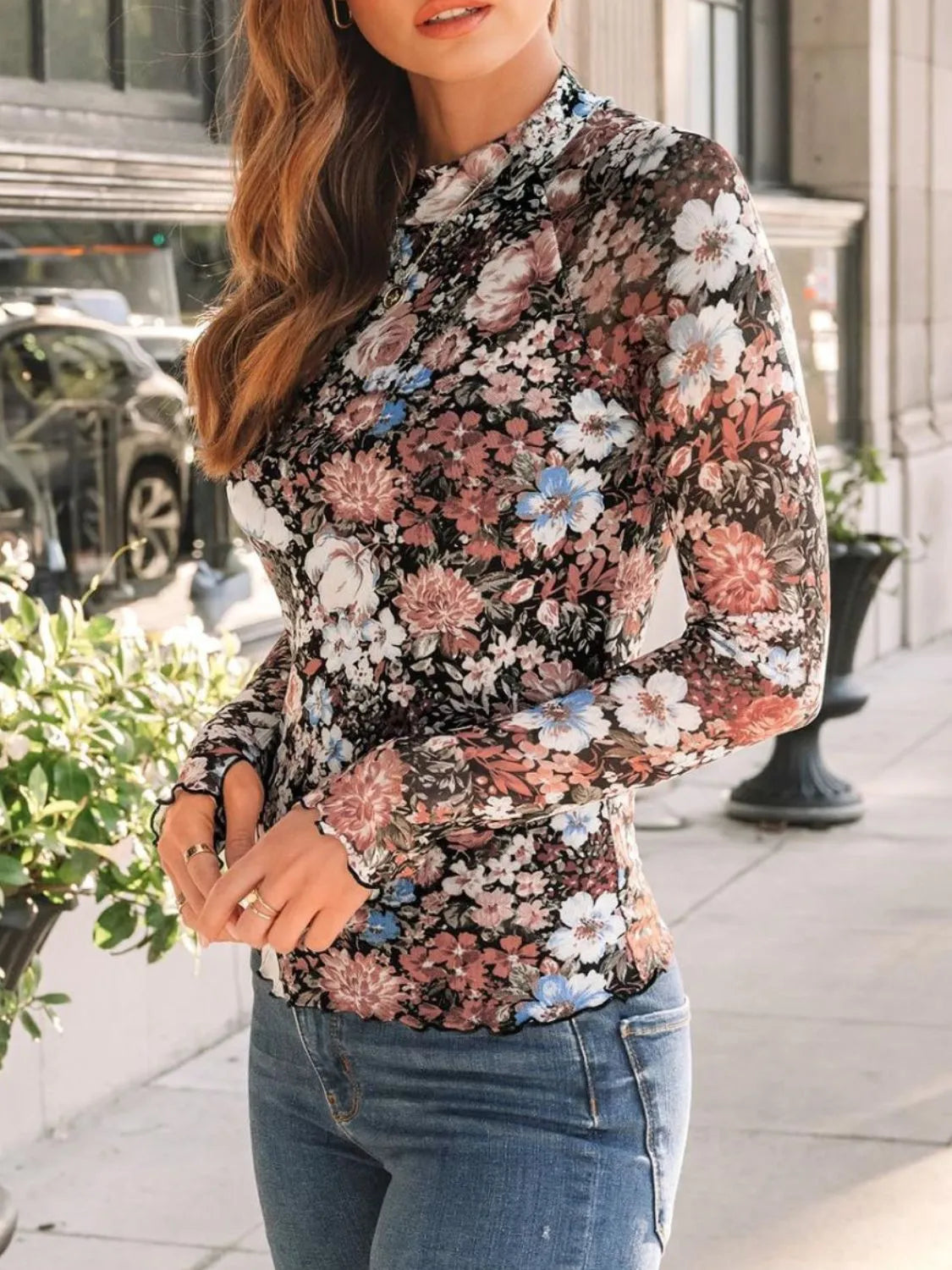 Floral Mock Neck Long Sleeve T-Shirt - Codrington Expressions