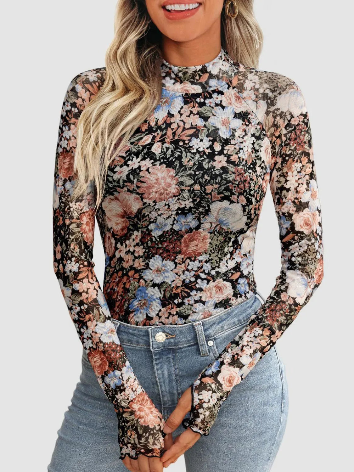 Floral Mock Neck Long Sleeve T-Shirt - Codrington Expressions
