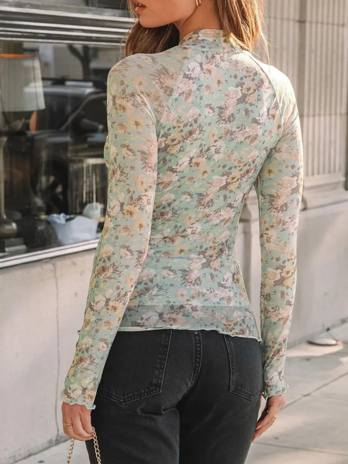 Floral Mock Neck Long Sleeve T-Shirt - Codrington Expressions