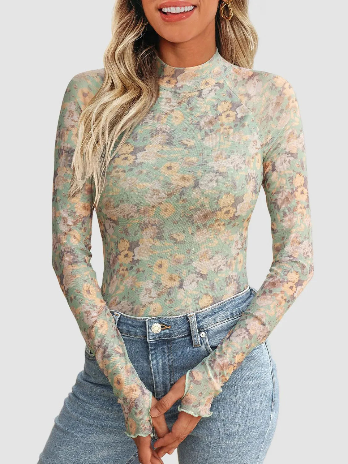Floral Mock Neck Long Sleeve T-Shirt - Codrington Expressions