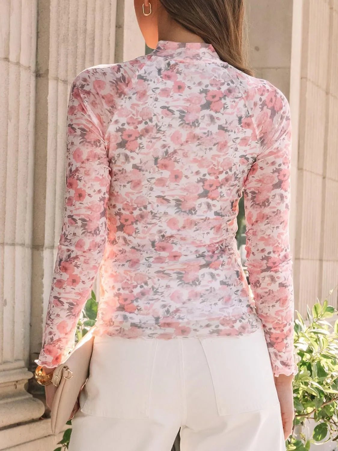 Floral Mock Neck Long Sleeve T-Shirt - Codrington Expressions