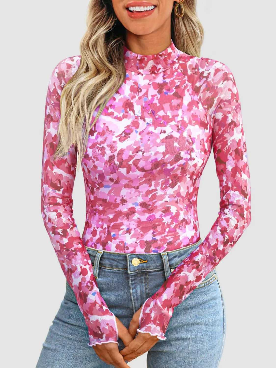 Floral Mock Neck Long Sleeve T-Shirt - Codrington Expressions