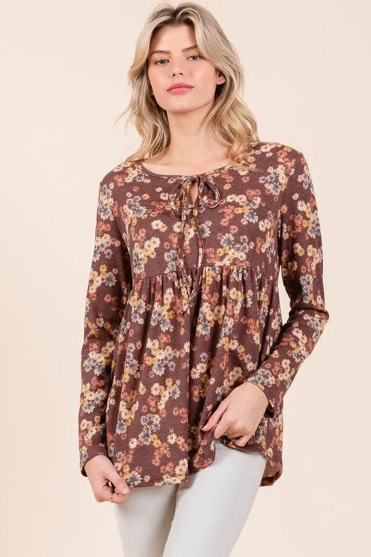 BOMBOM Floral Print Tie Neck Long Sleeve Blouse - Codrington Expressions