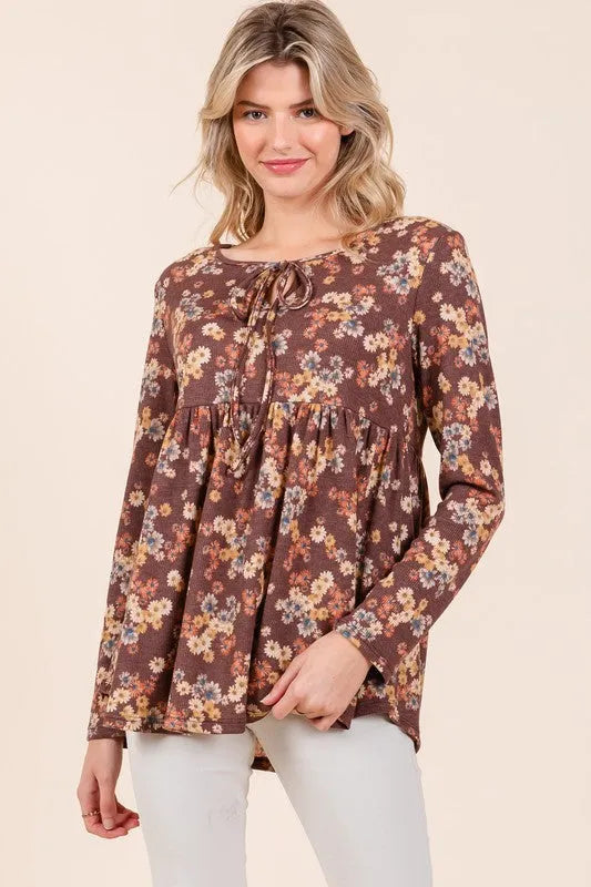 BOMBOM Floral Print Tie Neck Long Sleeve Blouse - Codrington Expressions