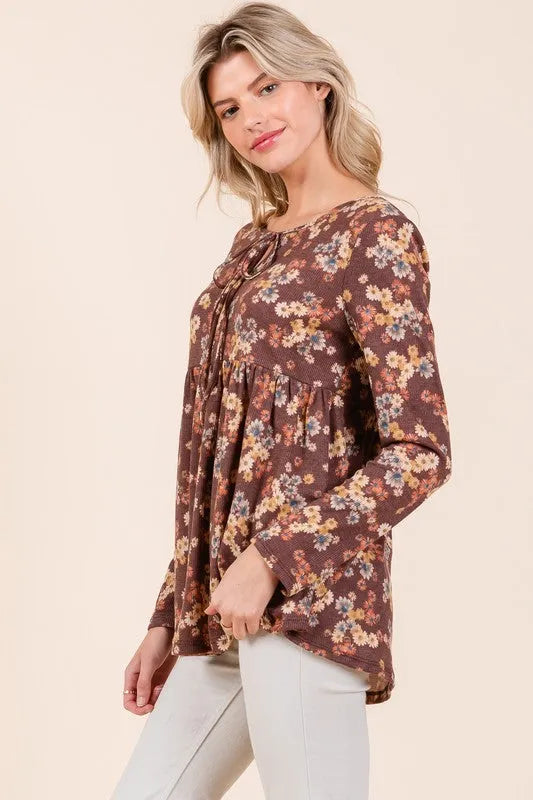 BOMBOM Floral Print Tie Neck Long Sleeve Blouse - Codrington Expressions