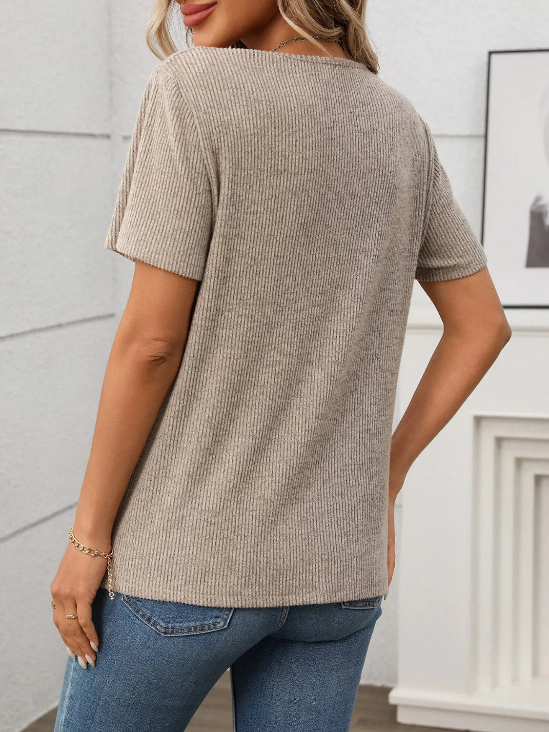 Ribbed V-Neck Short Sleeve T-Shirt - Codrington Expressions