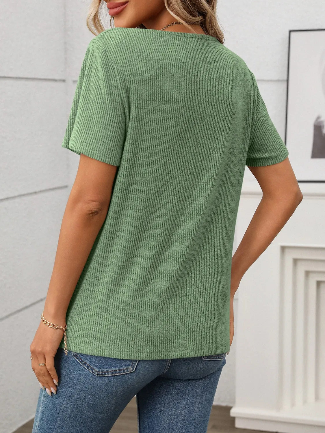 Ribbed V-Neck Short Sleeve T-Shirt - Codrington Expressions