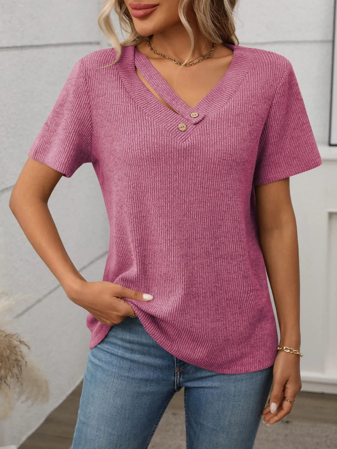 Ribbed V-Neck Short Sleeve T-Shirt - Codrington Expressions
