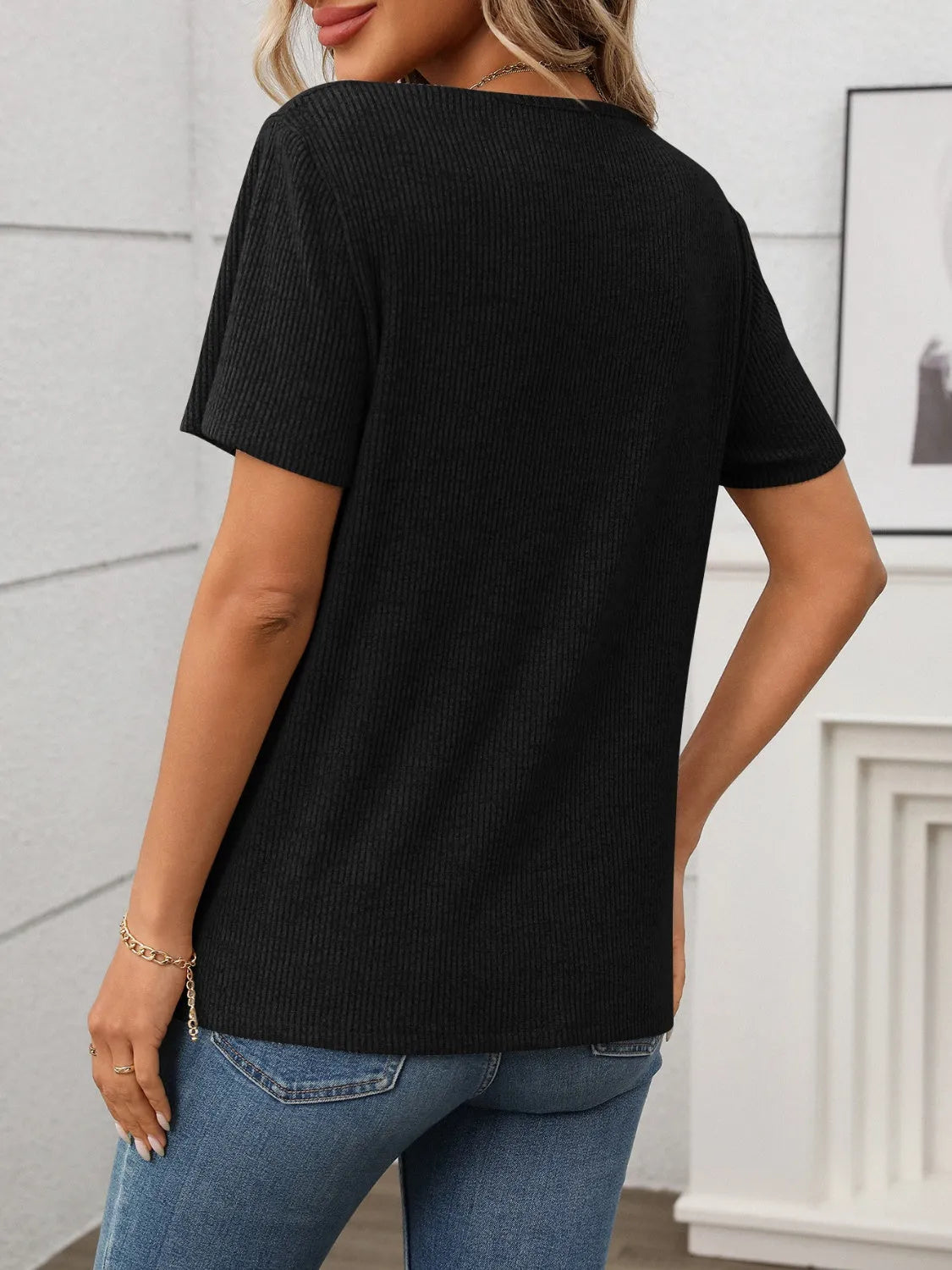 Ribbed V-Neck Short Sleeve T-Shirt - Codrington Expressions