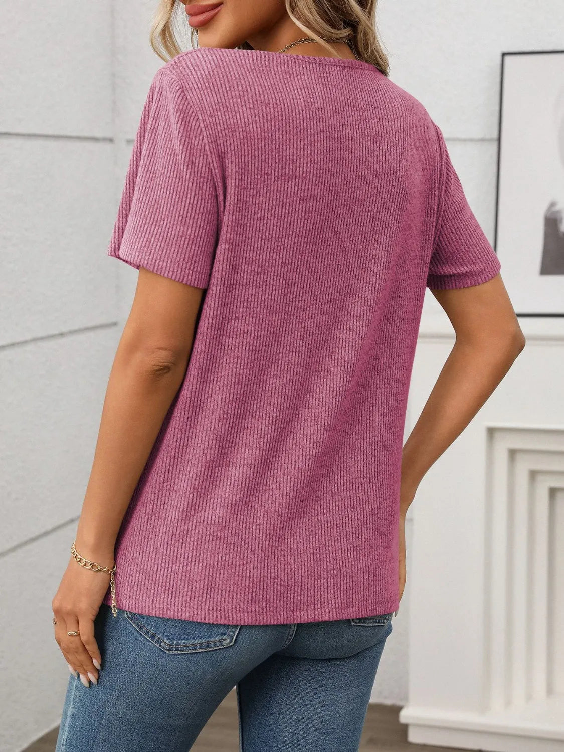 Ribbed V-Neck Short Sleeve T-Shirt - Codrington Expressions