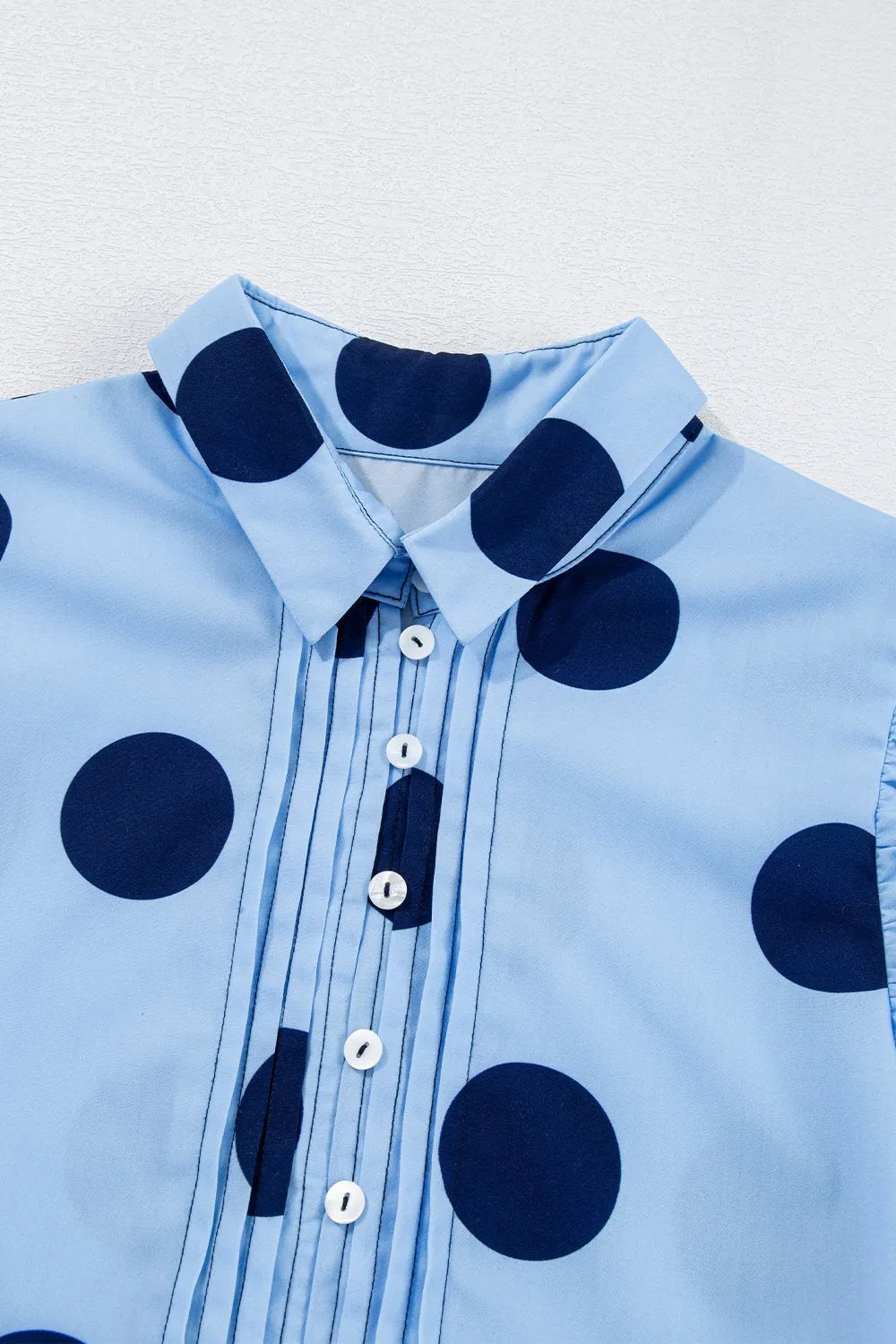 Polka Dot Print Ruffled Short Sleeve Buttoned Collared Blouse - Codrington Expressions