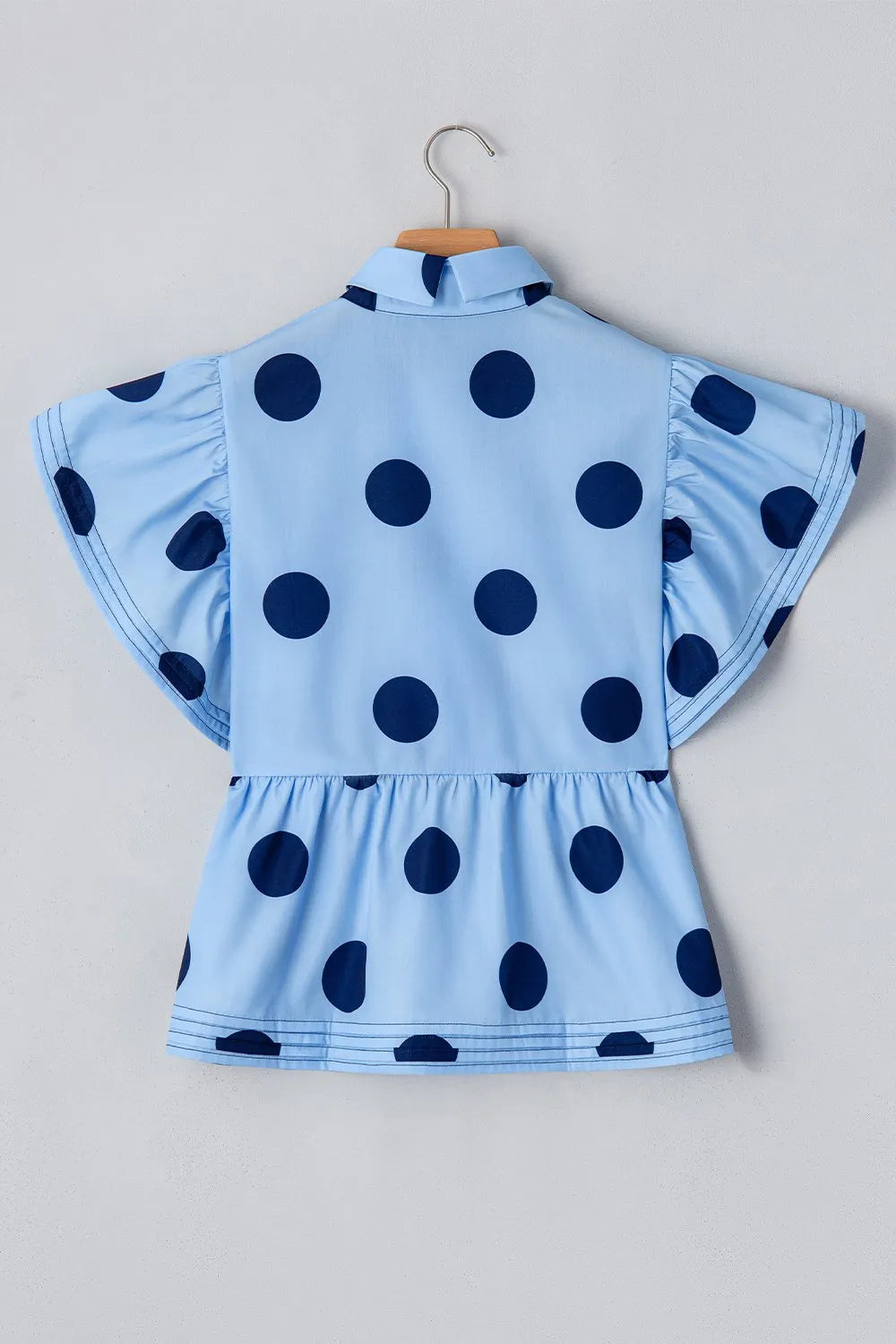 Polka Dot Print Ruffled Short Sleeve Buttoned Collared Blouse - Codrington Expressions