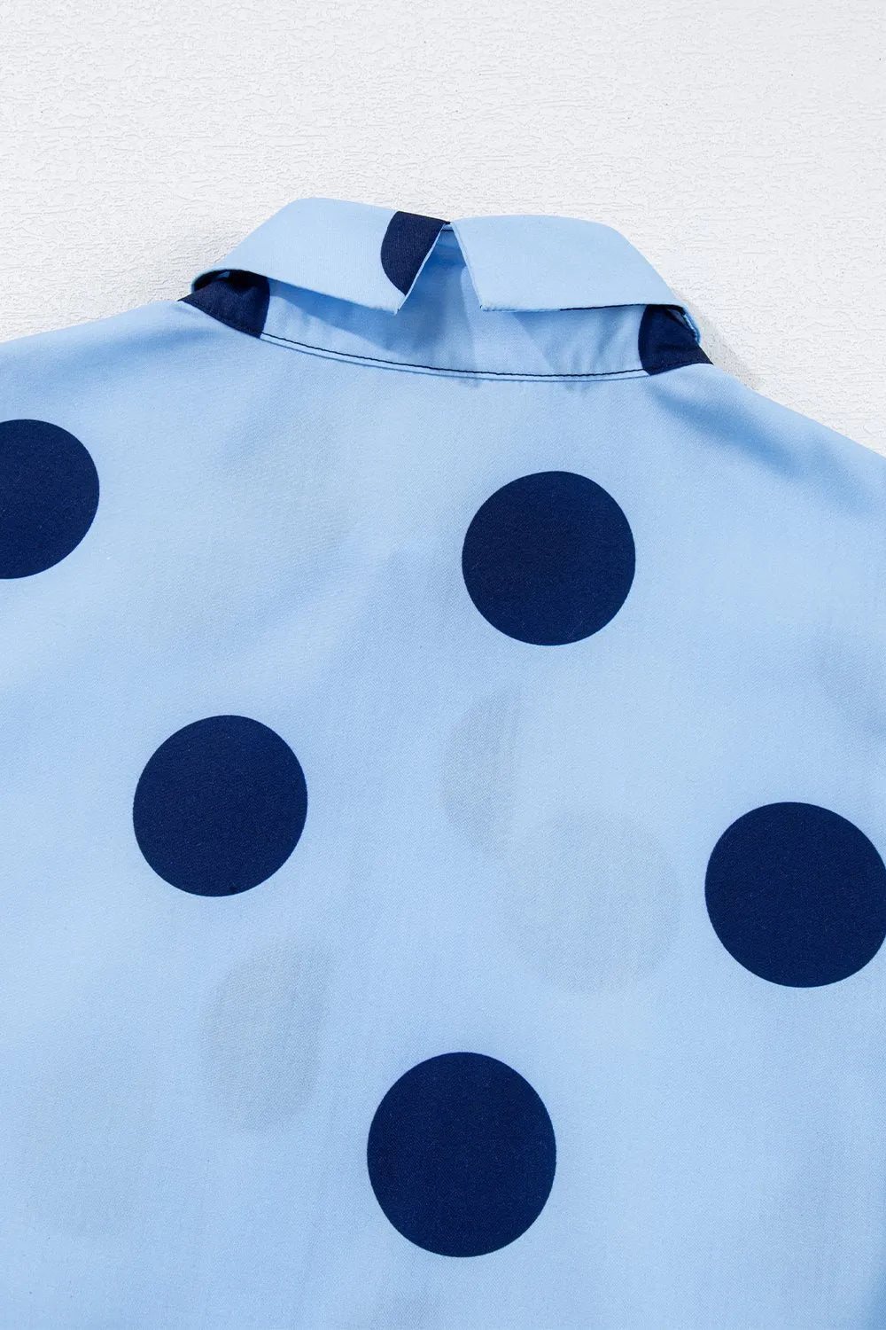 Polka Dot Print Ruffled Short Sleeve Buttoned Collared Blouse - Codrington Expressions