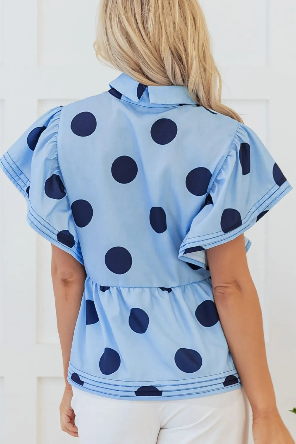 Polka Dot Print Ruffled Short Sleeve Buttoned Collared Blouse - Codrington Expressions