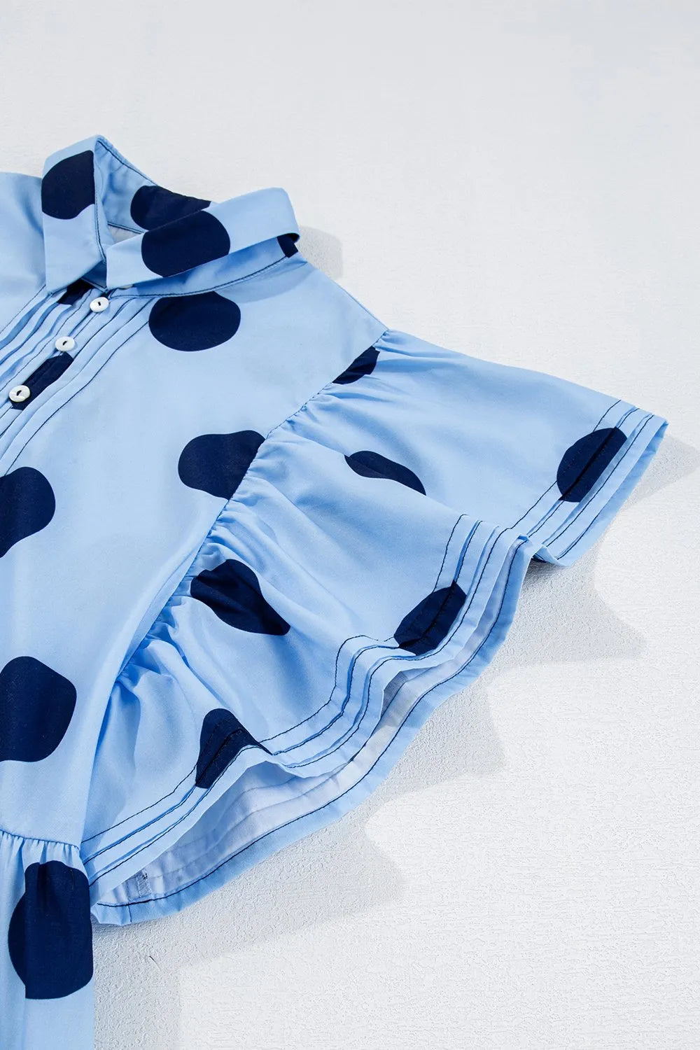 Polka Dot Print Ruffled Short Sleeve Buttoned Collared Blouse - Codrington Expressions