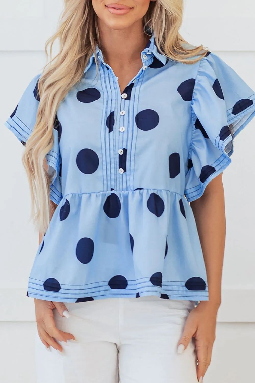 Polka Dot Print Ruffled Short Sleeve Buttoned Collared Blouse - Codrington Expressions