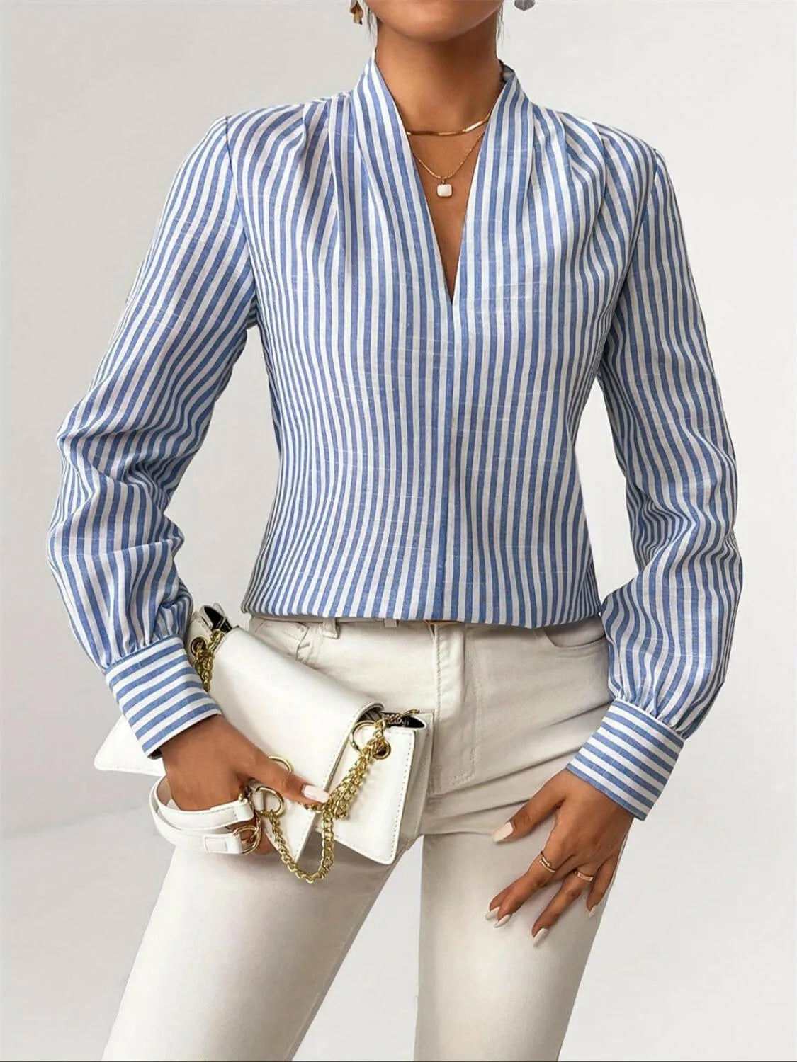Striped Button Detail Long Sleeve Shirt - Codrington Expressions
